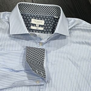 TED BAKER Size 16.5 White Blue Striped Cotton Flip Cuff Designer Slim Shirt
